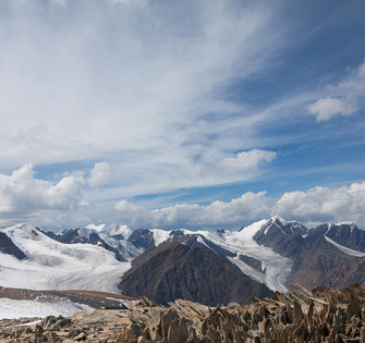 Вид с вершины Купол на ледник Актру